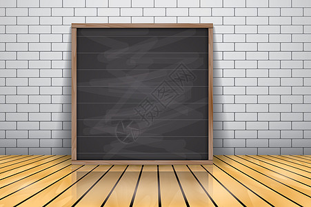 装模作样的模拟演示文稿 架设在光滑木制地板 粉黑板木板框上招牌办公室正方形粉笔木头横幅小样框架备忘录工作图片