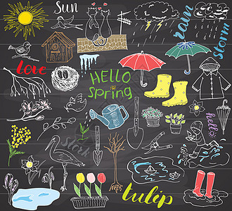 春季设置涂鸦元素 手绘素描集 包括雨伞 雨水 橡胶靴 雨衣 花瓣 园艺工具 巢穴和鸟类 绘图涂鸦集合 在黑板上刻字风暴太阳郁金香图片