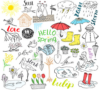 春季设置涂鸦元素 手绘素描集 包括雨伞 雨水 橡胶靴 雨衣 花瓣 园艺工具 巢穴和鸟类 绘图涂鸦集合 在白色背景下被隔离太阳郁金图片