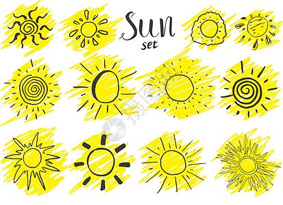由不同的太阳 草图矢量插图绘制的手画数据集 以白色为孤立位置晴天涂鸦星星天气蜡笔阳光绘画橙子日落墨水图片
