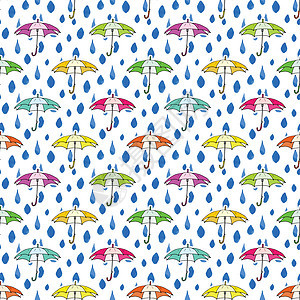 雨滴和伞无缝图案 手画矢量插图天空天气绘画季节淋浴衣服液体涂鸦墙纸草图图片