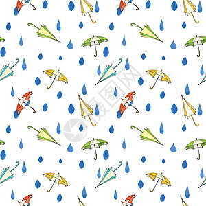 雨滴和伞无缝图案 手画矢量插图淋浴墙纸草图涂鸦蓝色绘画天空衣服天气季节图片