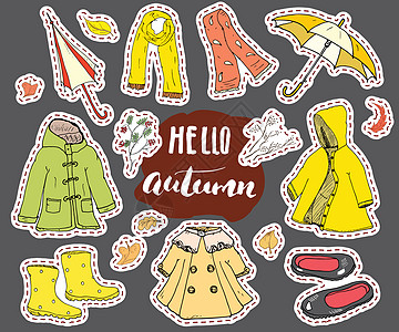 秋季服装组装 手画面条和字母矢量图示草图雨滴天气刻字涂鸦衣服收藏绘画季节靴子图片
