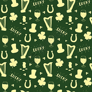 St Patricks Day的手绘制了天衣无缝的模式 配有妖精帽 硬币 啤酒杯 4个叶花 马蹄木和塞地竖琴矢量图打印金子插图竖图片