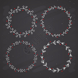 圣诞花圈圆环框架手工绘制涂鸦 粉笔板背景上的矢量插图邀请函收藏绘画季节圆圈边界装饰品装饰草图风格图片