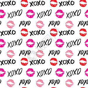 XOXO 笔刷字母符号无缝模式 Grunge 书写拥抱和亲吻法尔斯 互联网短语缩写XOXO符号 白色背景上孤立的矢量插图绘画假期图片