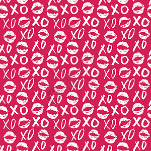 XOXO 笔刷字母符号无缝模式 Grunge 书写拥抱和亲吻法尔斯 互联网短语缩写XOXO符号 白色背景上孤立的矢量插图草图嘴唇图片