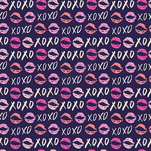 XOXO 毛笔字母标志无缝图案 Grunge 书法拥抱和亲吻短语 互联网俚语缩写 XOXO 符号 矢量图刻字草图打印脚本墙纸插图图片