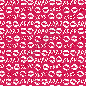 XOXO 毛笔字母标志无缝图案 Grunge 书法拥抱和亲吻短语 互联网俚语缩写 XOXO 符号 矢量图绘画字体脚本嘴唇刷子刻字图片