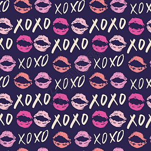 XOXO 毛笔字母标志无缝图案 Grunge 书法拥抱和亲吻短语 互联网俚语缩写 XOXO 符号 矢量图嘴唇草图刻字假期打印横幅图片