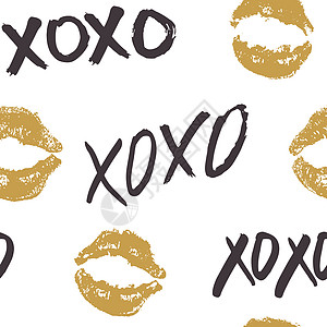 XOXO 毛笔字母标志无缝图案 Grunge 书法拥抱和亲吻短语 互联网俚语缩写 XOXO 符号 矢量图绘画海报草图墙纸脚本假期图片