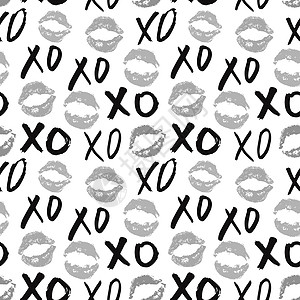 XOXO 笔刷字母符号无缝模式 Grunge 书写拥抱和亲吻法尔斯 互联网短语缩写XOXO符号 白色背景上孤立的矢量插图假期刷子图片