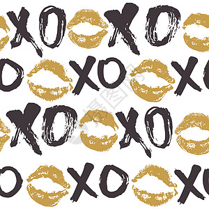 XOXO 毛笔字母标志无缝图案 Grunge 书法拥抱和亲吻短语 互联网俚语缩写 XOXO 符号 矢量图海报脚本横幅假期打印墙纸图片