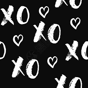 XOXO 毛笔字母标志无缝图案 拥抱和亲吻短语 互联网俚语缩写 XOXO 符号 矢量图打印绘画刻字刷子书法墙纸脚本海报横幅卡片图片