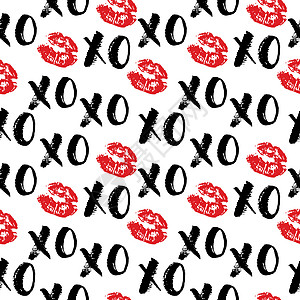 XOXO 毛笔字母标志无缝图案 拥抱和亲吻短语 互联网俚语缩写 XOXO 符号 在白色背景上隔离的矢量插图字体假期刷子墙纸横幅婚图片