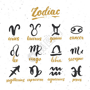 Zodiac 标志和字母组 手画星体符号 细纹理设计 印刷打印 矢量插图书法刻字收藏草图墙纸涂鸦八字刷子星星天文学图片