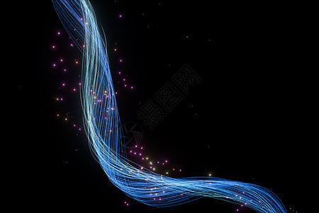 黑色背景的3D喷射线闪烁着光芒渲染线条辉光耀斑粒子蓝色曲线坡度火花纤维图片