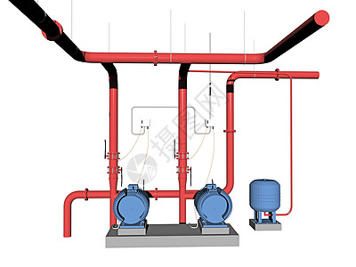 有电线和电缆的发电机杠杆煤气管红色配电箱管道引擎金属散热片蓝色图片