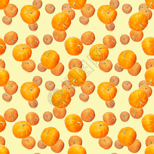 南瓜的无缝模式 秋天抽象无缝图案由黄色背景上的南瓜制成 南瓜品质模式橙子饮食食物收成营养感恩植物假期墙纸农业图片