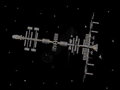 空间中大型空间站悬浮电视环绕收音机太空卫星科学黄色蓝色旅行背景图片