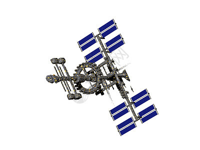 空间中大型空间站悬浮电视太空科学卫星收音机环绕旅行黄色蓝色背景图片