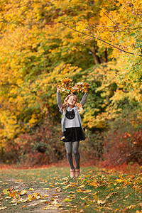 美丽的小女孩 秋叶 在公园的秋叶乐趣情感童年闲暇女孩喜悦森林季节衣服叶子图片