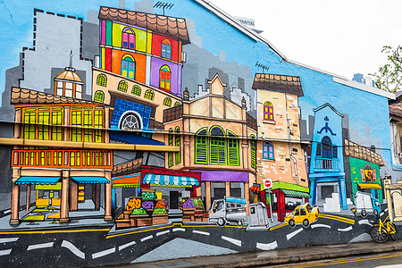 新加坡一栋大楼的侧墙上漆着多彩的城市图片