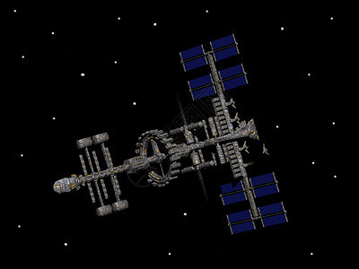 空间中大型空间站悬浮科学环绕收音机黄色旅行电视卫星蓝色太空背景图片