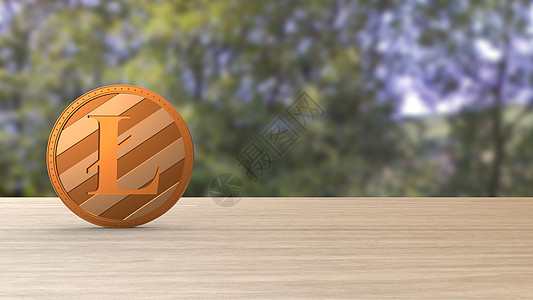 森林树木模糊的木桌上的橙色莱特币金币 3d 呈现隔离 加密货币 加密 业务 管理 风险 货币 现金 增长 银行 银行 金融 符号图片