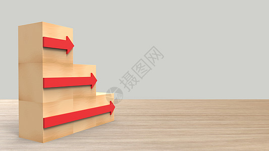 红色楼梯木块堆叠为左侧楼梯 右侧有红色箭头 业务增长成功过程的阶梯职业路径概念 在有浅灰色背景HD的木木桌上 渲染 3d 图知识学校大学背景