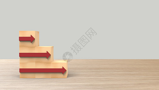 木块堆叠为左侧楼梯 右侧有红色箭头 业务增长成功过程的阶梯职业路径概念 在有浅灰色背景HD的木木桌上 渲染 3d 图梯子学习教科图片