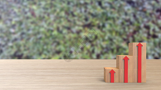 木块堆叠为下楼梯 红色箭头向上 业务增长成功过程的阶梯职业路径概念 在木头木桌上攀爬绿叶背景高清 渲染 3d 图图片