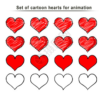 一套卡通心脏动画框架 手绘草图 涂鸦矢量 由画笔 钢笔 墨水绘制的红色符号 在白色背景上隔离 用于标志 纺织品印花 设计的酷时尚图片