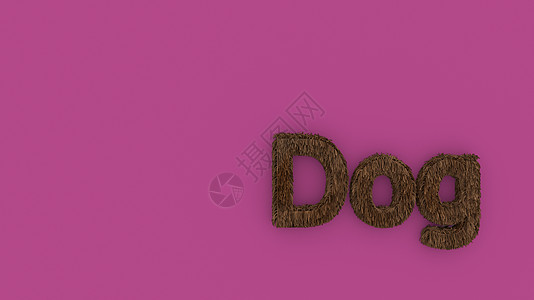 狗-粉红色背景上的 3d 字棕色 呈现毛茸茸的字母 宠物毛皮 宠物店 宠物屋 宠物护理标志设计模板 兽医诊所和动物收容所无家可归图片