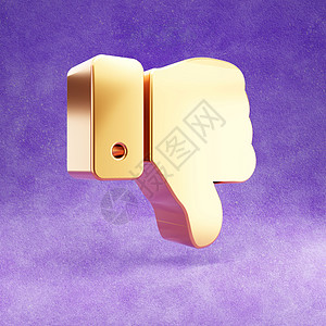 大拇指向下图标 紫色天鹅绒背景上孤立的金色光泽大拇指向下符号图片