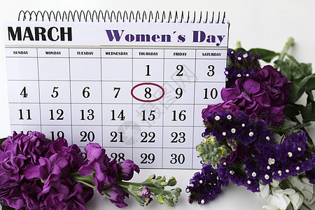 花和希利沙姆花朵以及纪念妇女节的日历花束自由植物群书法紫色礼物叶子花瓣假期卡片图片