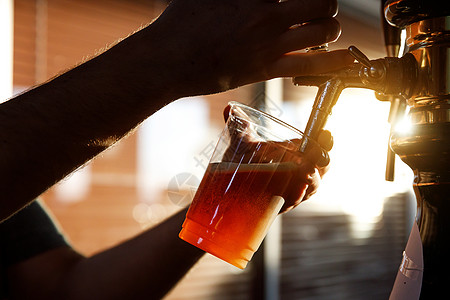 把啤酒倒到塑料杯里 日落杯子啤酒厂招待员瓶子派对酒吧玻璃工艺阳光标签图片