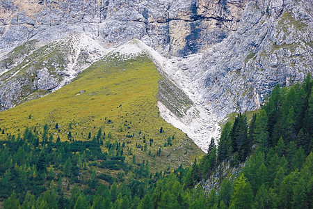 意大利欧洲多洛米特的森林和山脉地貌高山风景岩石踪迹木头远足天空蓝色旅游爬坡图片