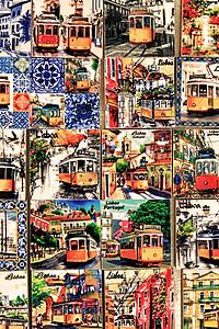 冰箱纪念品磁铁仿制带有电车的葡萄牙瓷砖形状传统古董创造力手工品正方形风格艺术手绘画幅图片