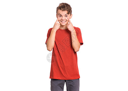男孩情绪和标志手势手指喜悦学生青少年男生白色男性微笑男人图片