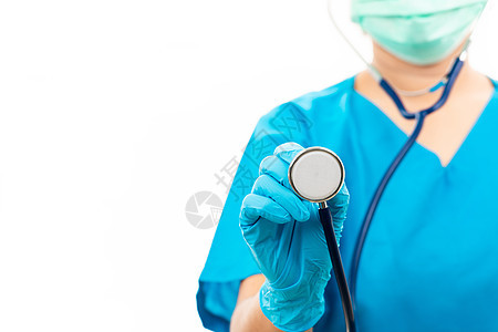 穿蓝色制服 持有听诊器的女医生医院橡皮病人护士治疗诊断外套疾病手术专家图片