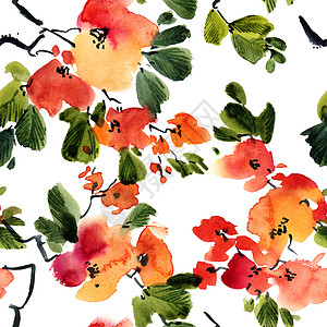 水彩花树型刷子花园繁荣花序橙子李子花瓣手绘墨水绘画图片
