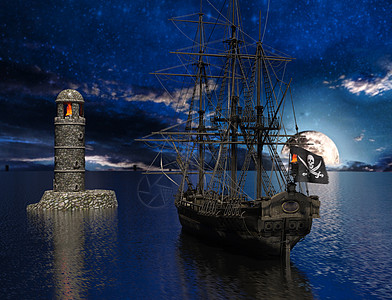 在旧灯塔附近 月光着火的海盗帆船鹅卵石天空渲染星星警报海洋月球桅杆地平线想像力图片
