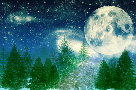 冬季魔法夜幕 星空 雪 月亮和森林背景图片
