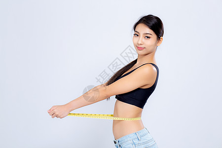 美美的肖像 作为女性饮食 和苗条与测量wais数字腰部磁带腹部橘皮女孩躯干损失重量内衣图片