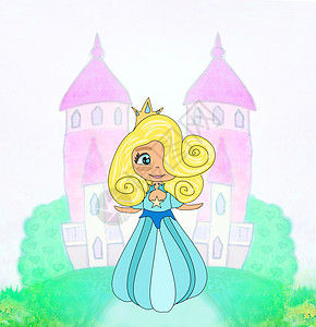 美丽的小公主 在城堡前的城堡面前故事女孩插图王国公主爬坡手绘花朵艺术品寓言图片