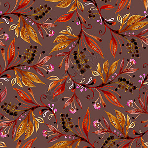 手绘花花香水彩色无缝的图案 秋色有叶子和浆果背景