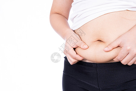 超过白色胖女人拿着过多的脂肪腹部 超重的脂肪腹部在白色背景下被隔离 饮食生活方式 减肥 胃肌 健康理念数字压力橘皮组织腰部损失身体肥胖女背景