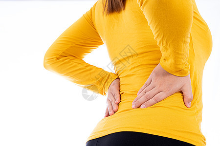 患有腰部和背部疼痛的妇女与世隔绝的白种背景 保健和医疗概念痛苦治疗痛风伤害成人风湿病脊柱韧带身体光盘图片