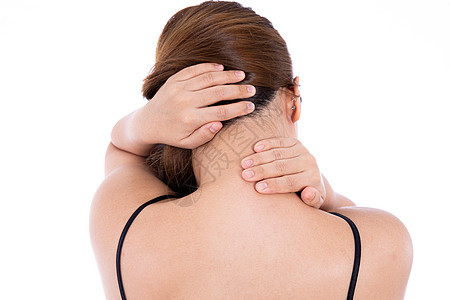 患有颈部和肩部疼痛的妇女与世隔绝的白种背景 保健和医疗概念痛风肌腱痛苦背痛办公室成人姿势扭伤韧带伤害图片